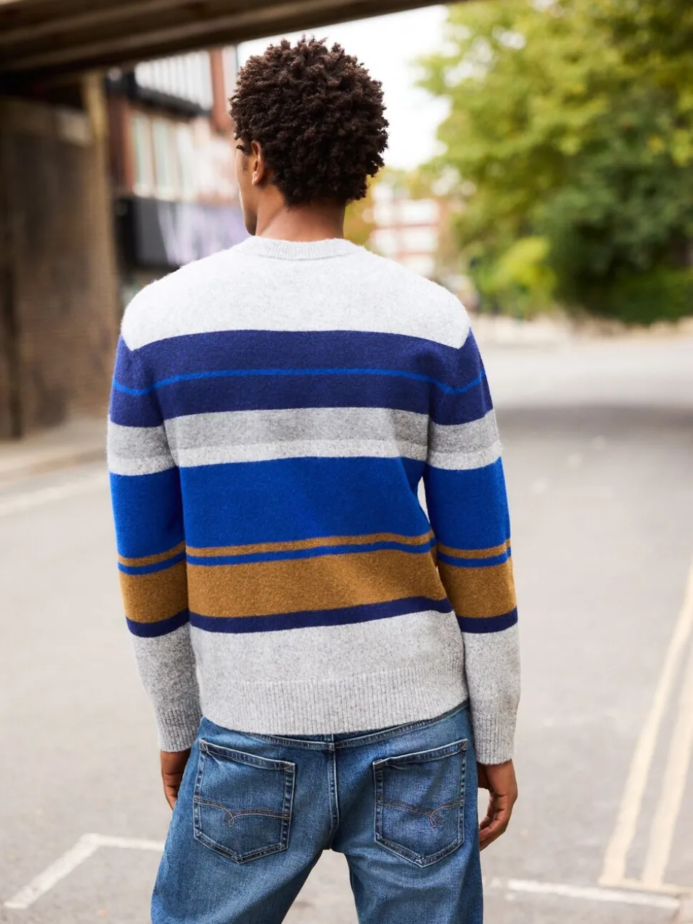 Grijs/blauw - Regular Fit Cosy Stripe Crew Jumper with Wool