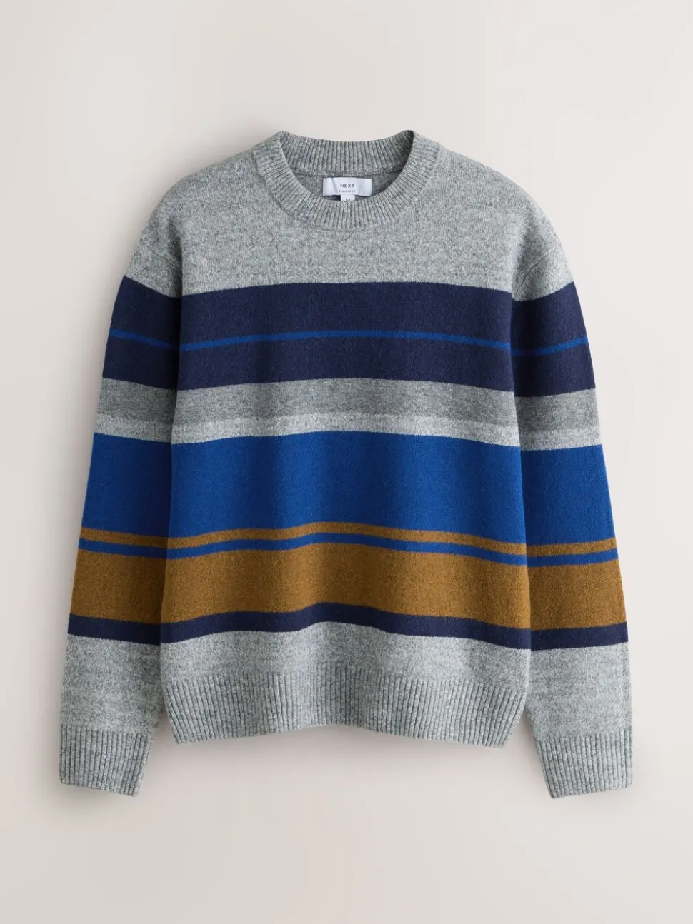 Grijs/blauw - Regular Fit Cosy Stripe Crew Jumper with Wool