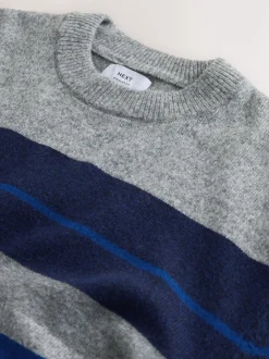 Grijs/blauw - Regular Fit Cosy Stripe Crew Jumper with Wool