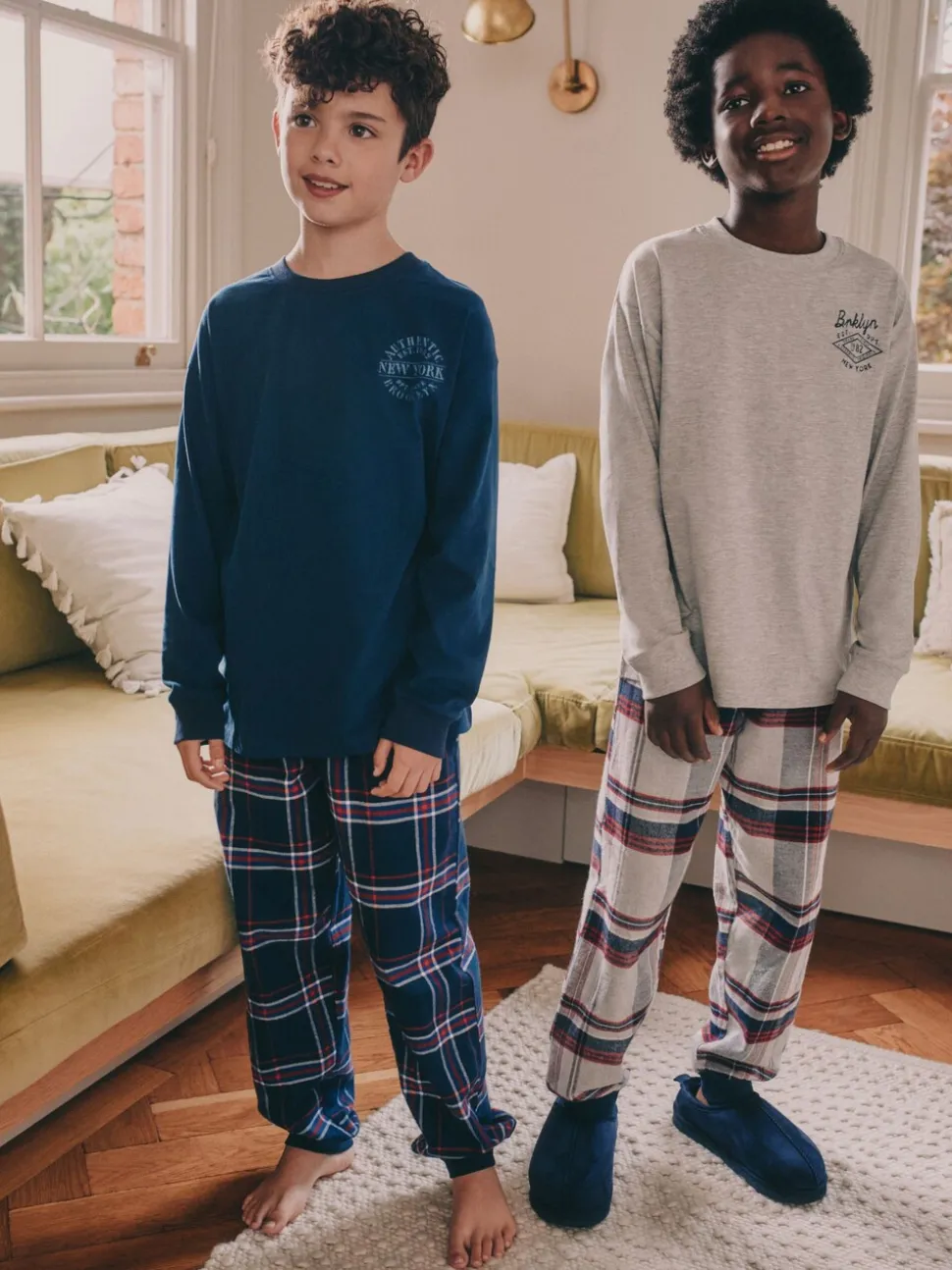 Grijs/blauw - Set van 2 geweven geruite pyjama's met lange mouwen (3-16jr)