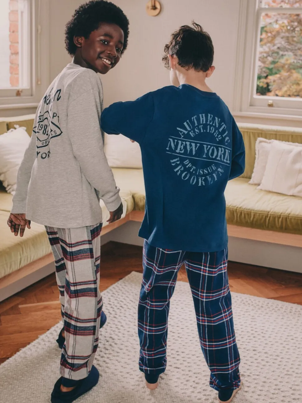 Grijs/blauw - Set van 2 geweven geruite pyjama's met lange mouwen (3-16jr)
