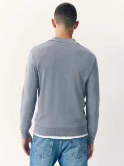 Grijsblauw - Slim Fit - Katoenrijk gebreid poloshirt met lange mouwen