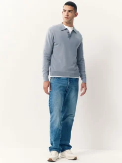 Grijsblauw - Slim Fit - Katoenrijk gebreid poloshirt met lange mouwen