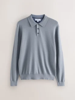 Grijsblauw - Slim Fit - Katoenrijk gebreid poloshirt met lange mouwen