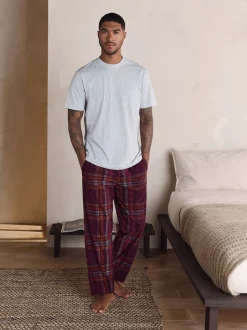Grijs/bordeauxrood geruit - Motionflex Behaaglijke Pyjama Set met Korte Mouwen