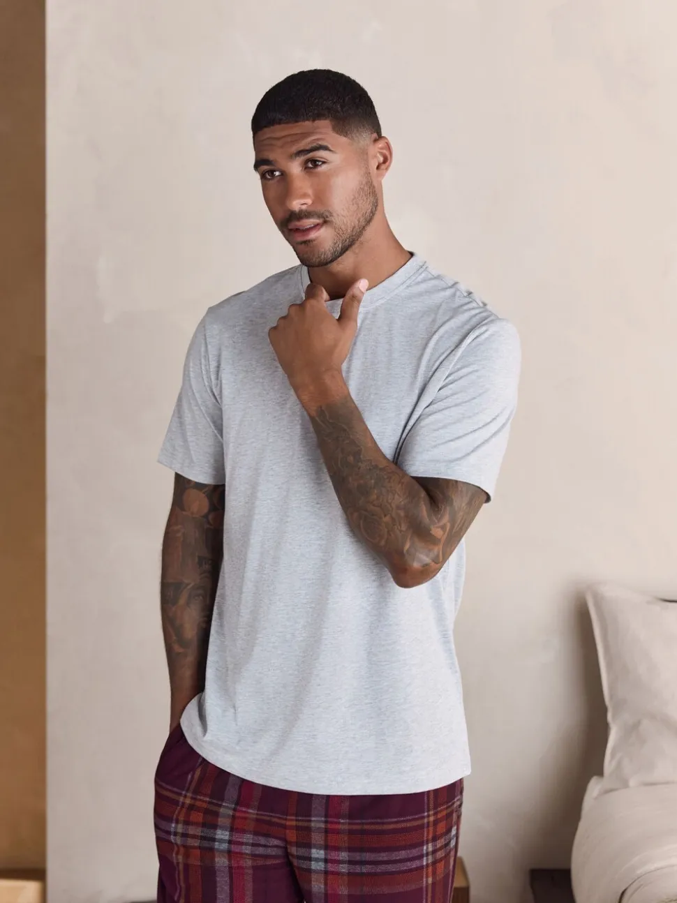 Grijs/bordeauxrood geruit - Motionflex Behaaglijke Pyjama Set met Korte Mouwen