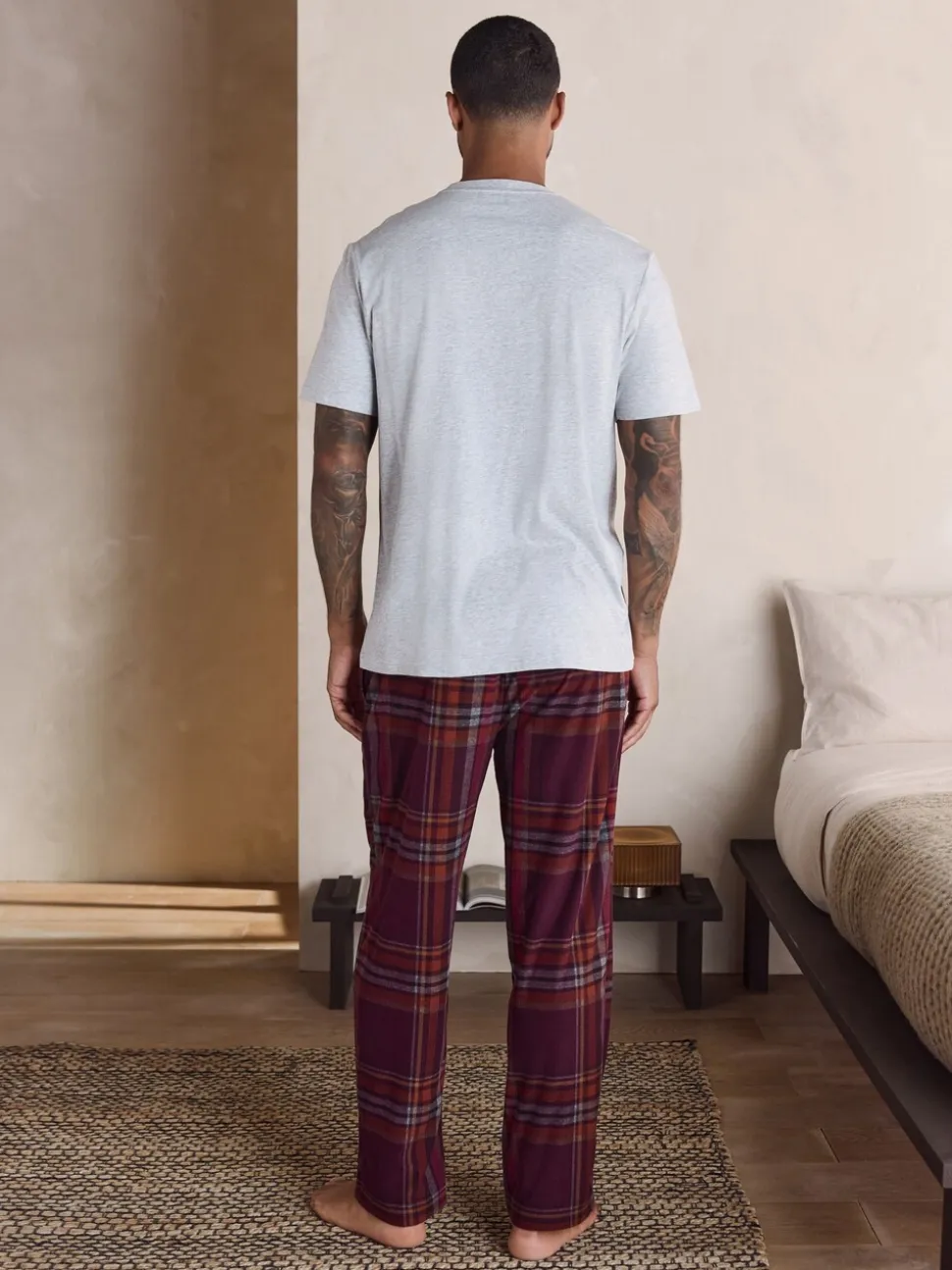 Grijs/bordeauxrood geruit - Motionflex Behaaglijke Pyjama Set met Korte Mouwen