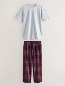 Grijs/bordeauxrood geruit - Motionflex Behaaglijke Pyjama Set met Korte Mouwen