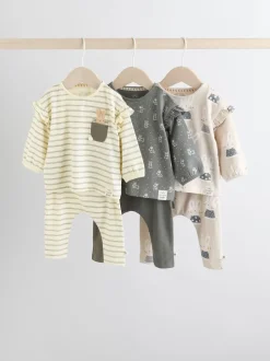 Grijs/crème met figuurtjes - 6 -delige set van top met lange mouwen en leggings (0mnd -3jr)