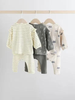 Grijs/crème met figuurtjes - 6 -delige set van top met lange mouwen en leggings (0mnd -3jr)