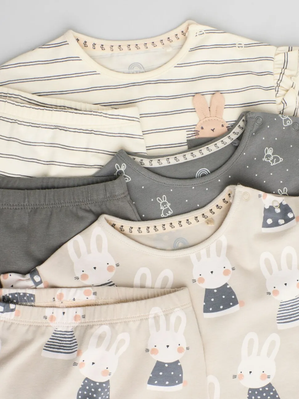 Grijs/crème met figuurtjes - 6 -delige set van top met lange mouwen en leggings (0mnd -3jr)
