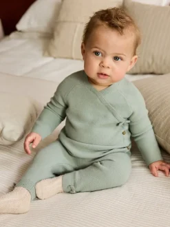 Grijs-groen - 2 -delige babyset met gebreide wikkelstrui en legging (0mnd-2jr)