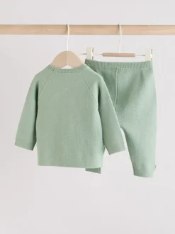 Grijs-groen - 2 -delige babyset met gebreide wikkelstrui en legging (0mnd-2jr)