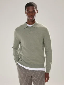 Grijs-groen - Effen - Regular Fit Essential Long Sleeve Knitted Polo Shirt