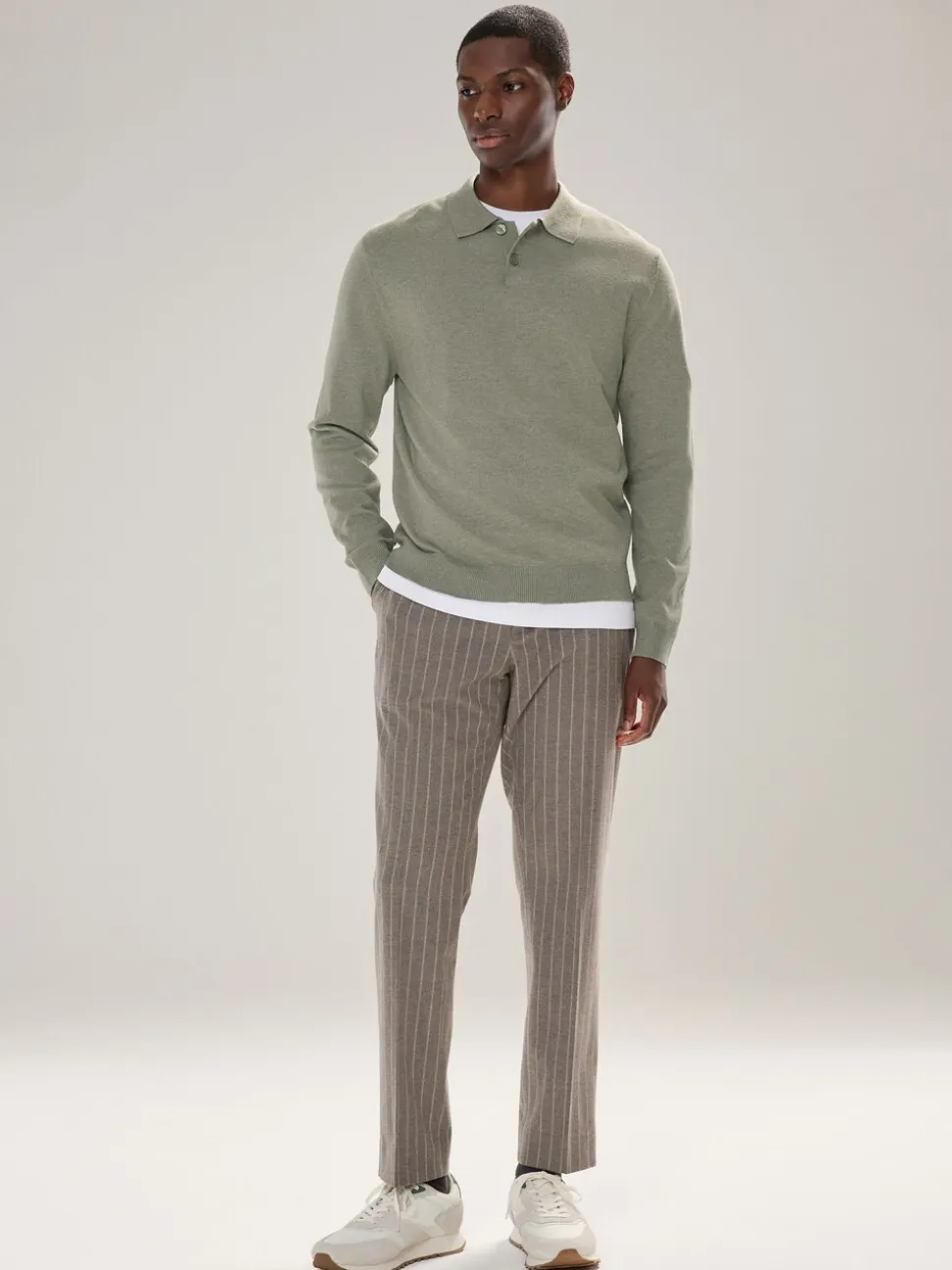Grijs-groen - Effen - Regular Fit Essential Long Sleeve Knitted Polo Shirt
