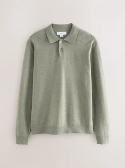 Grijs-groen - Effen - Regular Fit Essential Long Sleeve Knitted Polo Shirt