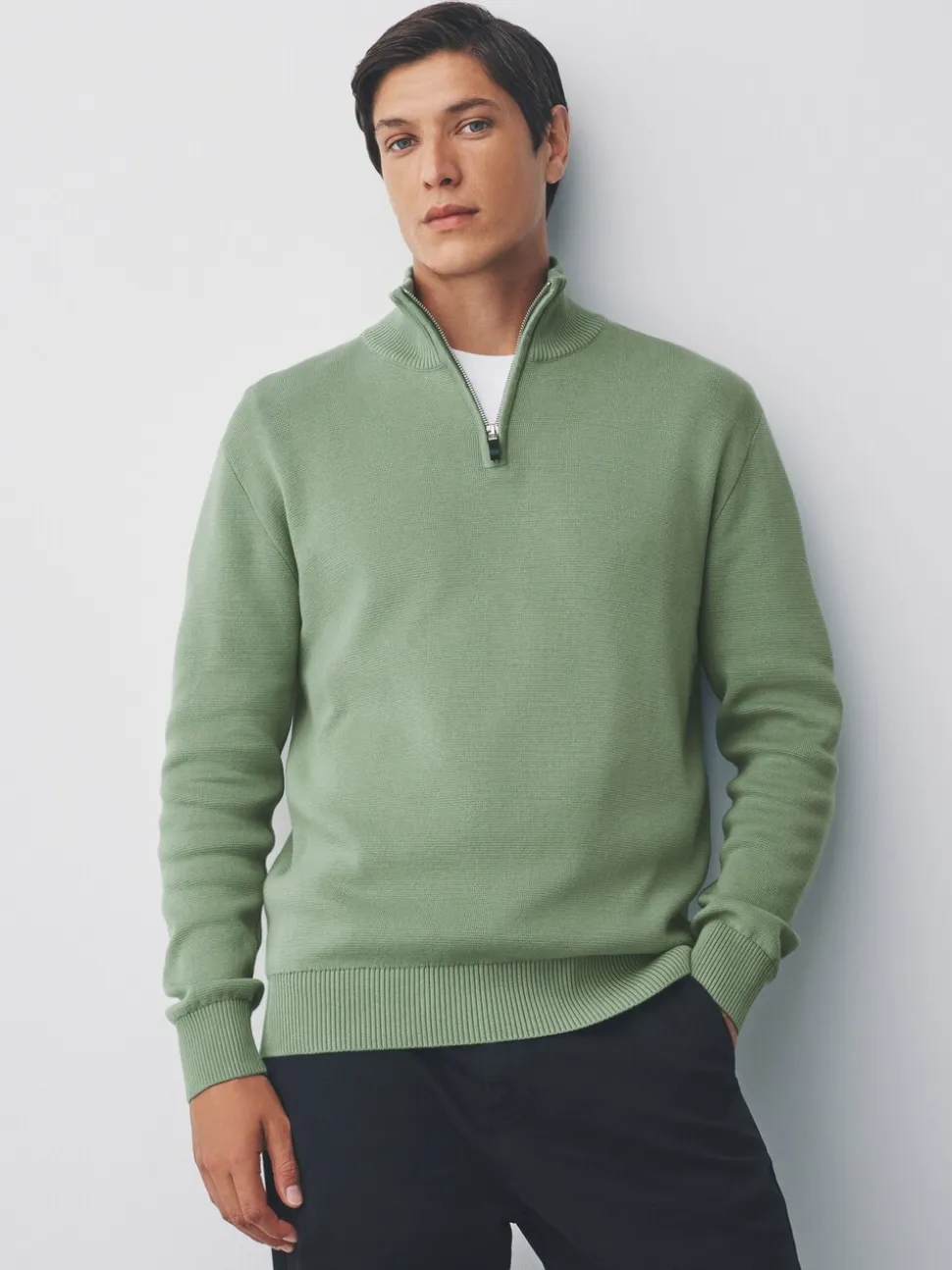Grijs-groen - Effen - Regular fit 100% katoenen premium trui met korte rits