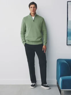 Grijs-groen - Effen - Regular fit 100% katoenen premium trui met korte rits
