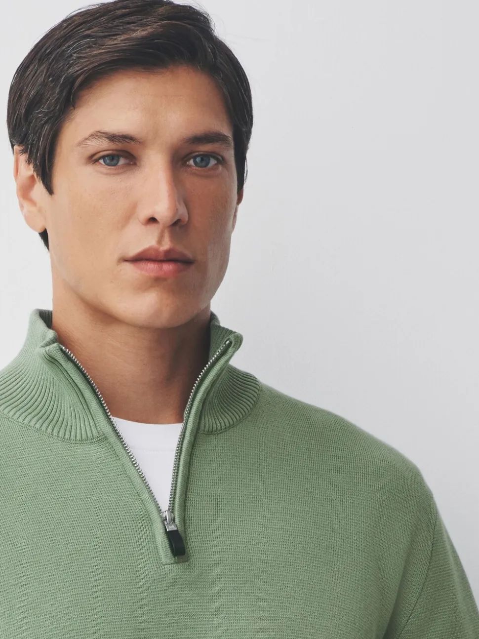 Grijs-groen - Effen - Regular fit 100% katoenen premium trui met korte rits