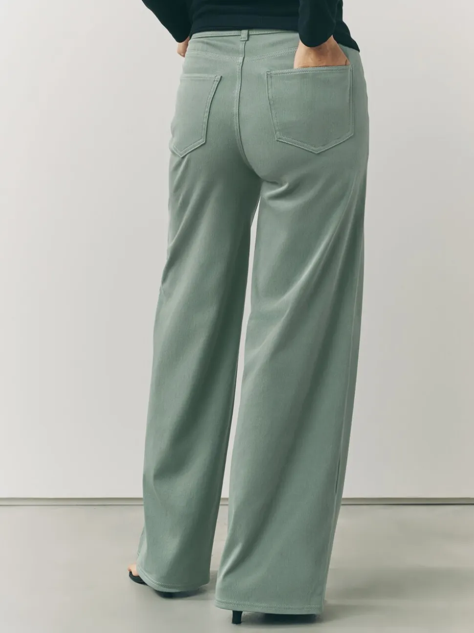 Grijs-groen - Jersey denim broek met wijde pijpen