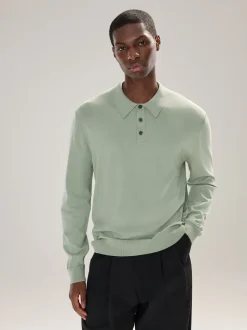 Grijs-groen - Normale Pasvorm - Katoenrijk gebreid poloshirt met lange mouwen