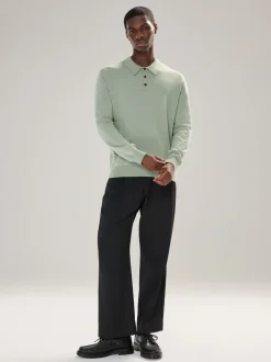 Grijs-groen - Normale Pasvorm - Katoenrijk gebreid poloshirt met lange mouwen