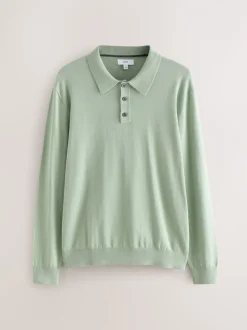 Grijs-groen - Normale Pasvorm - Katoenrijk gebreid poloshirt met lange mouwen