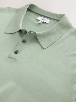 Grijs-groen - Normale Pasvorm - Katoenrijk gebreid poloshirt met lange mouwen