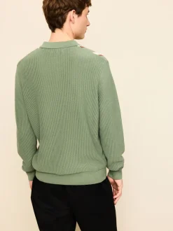 Grijs-groen - Regular Fit Long Sleeve Stripe Zip Neck Knit Polo Shirt