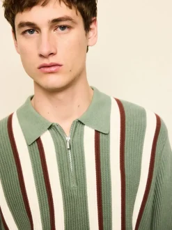 Grijs-groen - Regular Fit Long Sleeve Stripe Zip Neck Knit Polo Shirt
