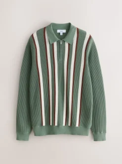 Grijs-groen - Regular Fit Long Sleeve Stripe Zip Neck Knit Polo Shirt