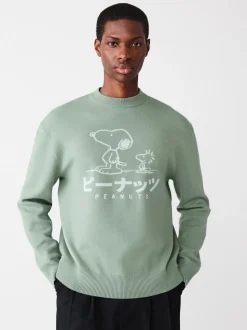 Grijs-groen - Relaxed Fit Snoopy Graphic Print Crew Neck Jumper