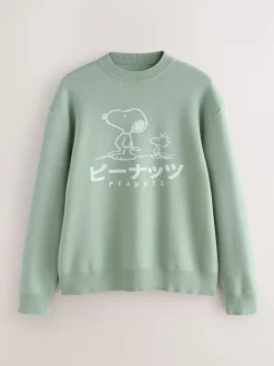 Grijs-groen - Relaxed Fit Snoopy Graphic Print Crew Neck Jumper