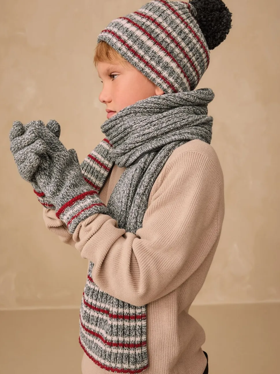 Grijs/rode streep - Set van 3 -delige muts, sjaal en handschoenen (3-16jr)
