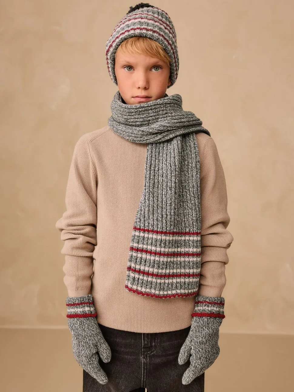 Grijs/rode streep - Set van 3 -delige muts, sjaal en handschoenen (3-16jr)