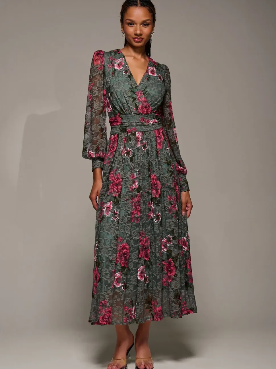 Groen - Jolie Moi Long Sleeve Printed Lace Midaxi Dress