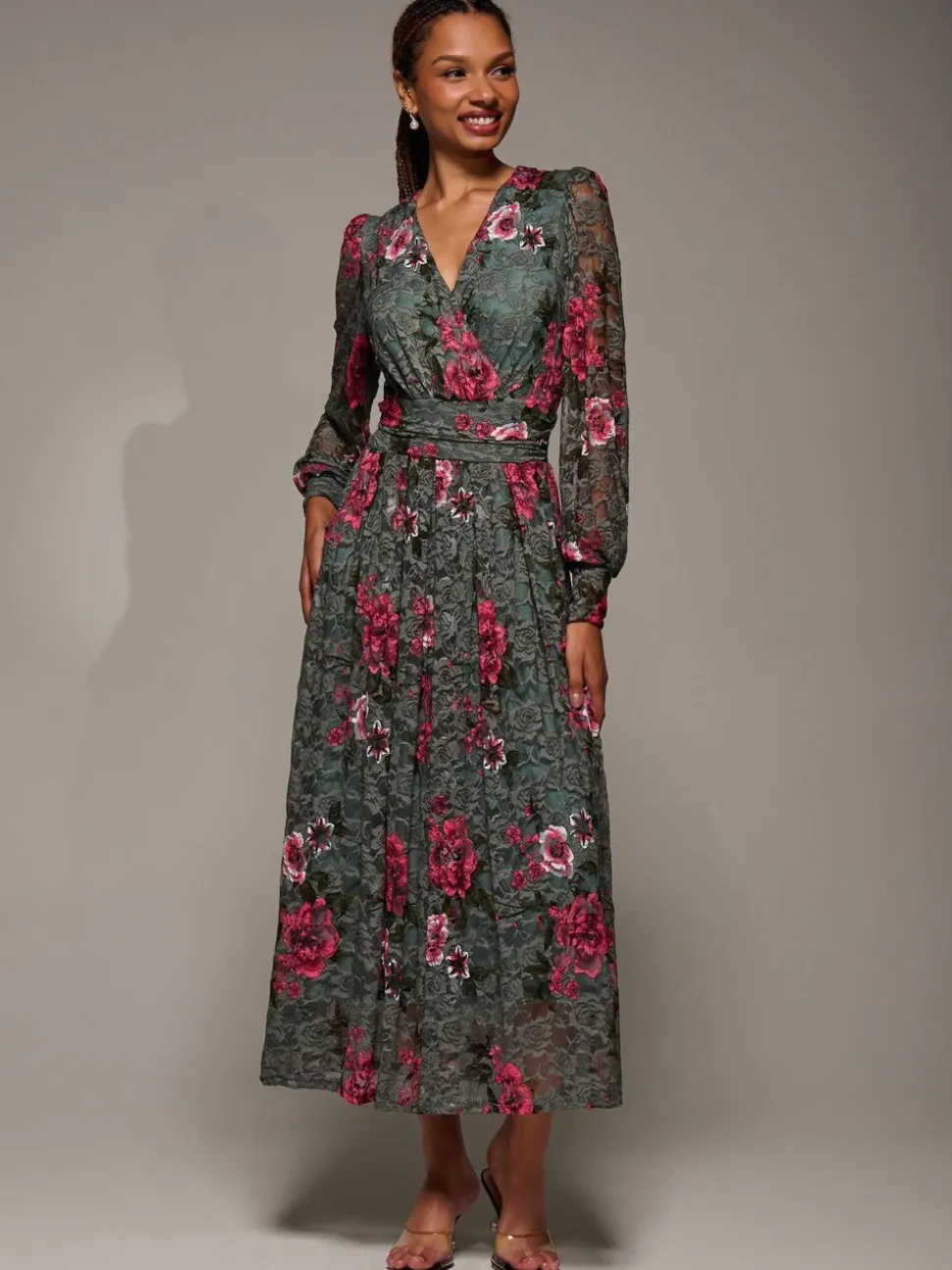 Groen - Jolie Moi Long Sleeve Printed Lace Midaxi Dress