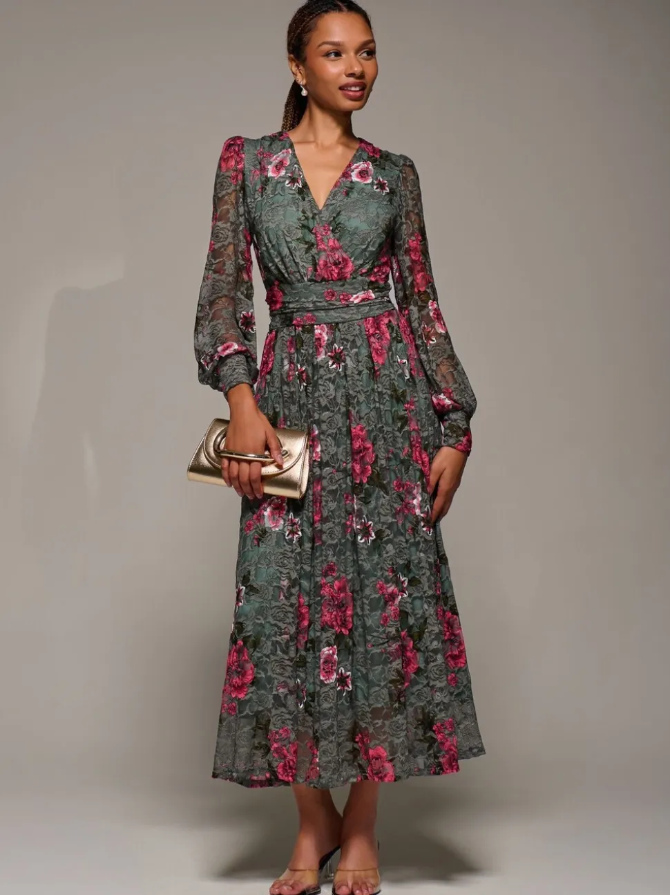 Groen - Jolie Moi Long Sleeve Printed Lace Midaxi Dress