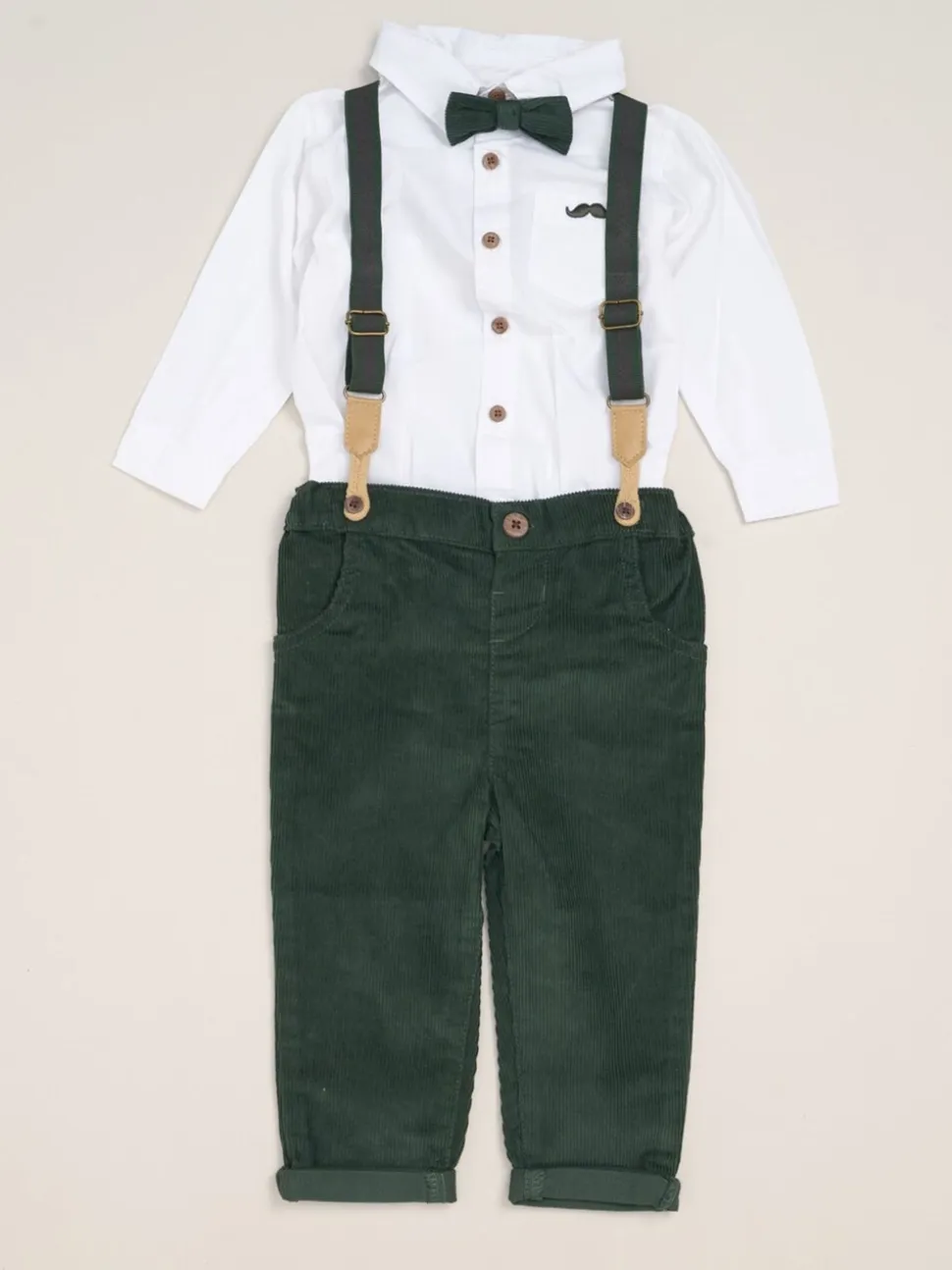 Groen - Little Gent Corduroy Bow Tie Mock Shirt and Trousers With Braces Outfit Set