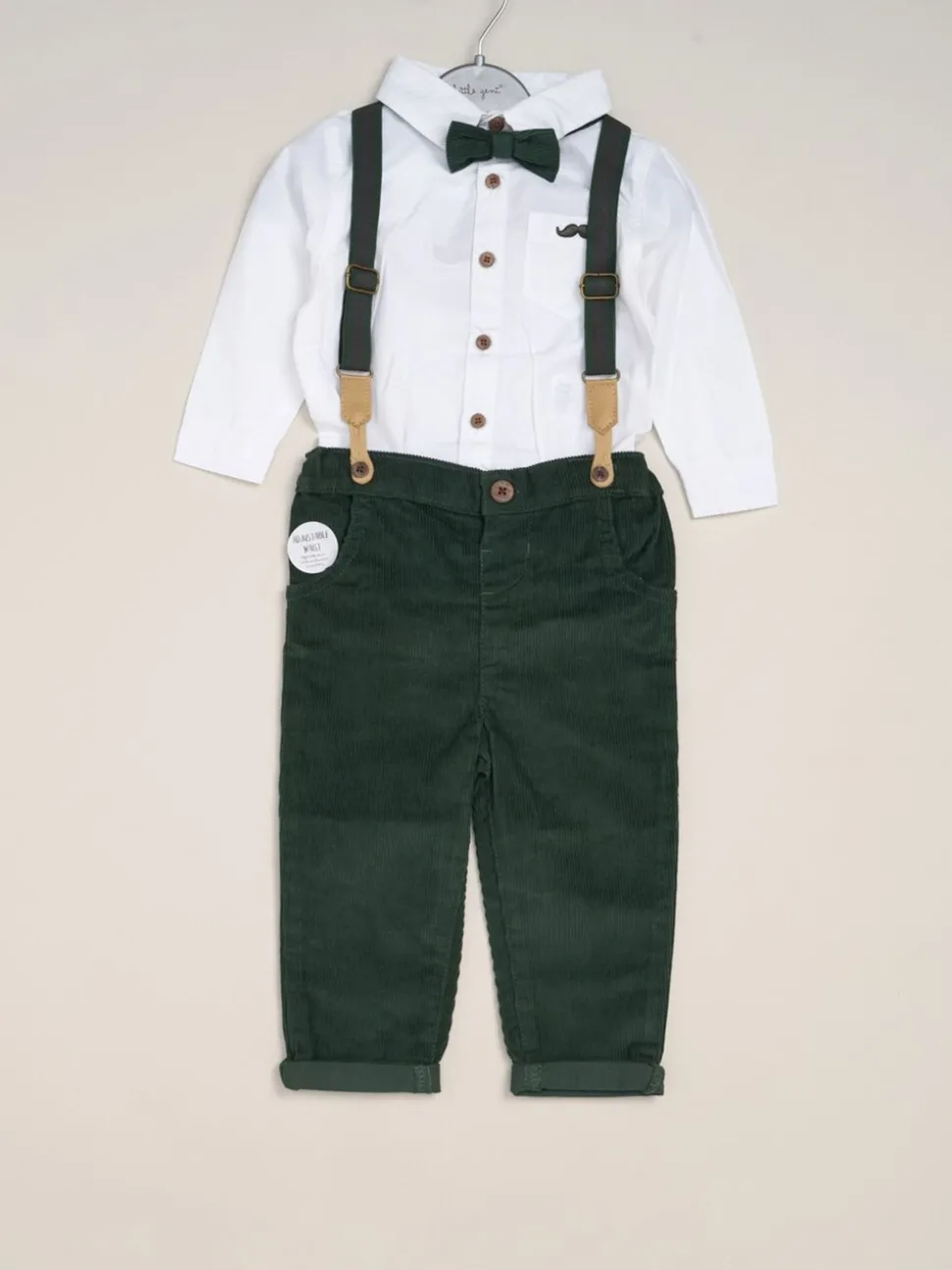 Groen - Little Gent Corduroy Bow Tie Mock Shirt and Trousers With Braces Outfit Set