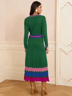 Groen - Love & Roses - Gebreide midi-jurk met halsinkeping