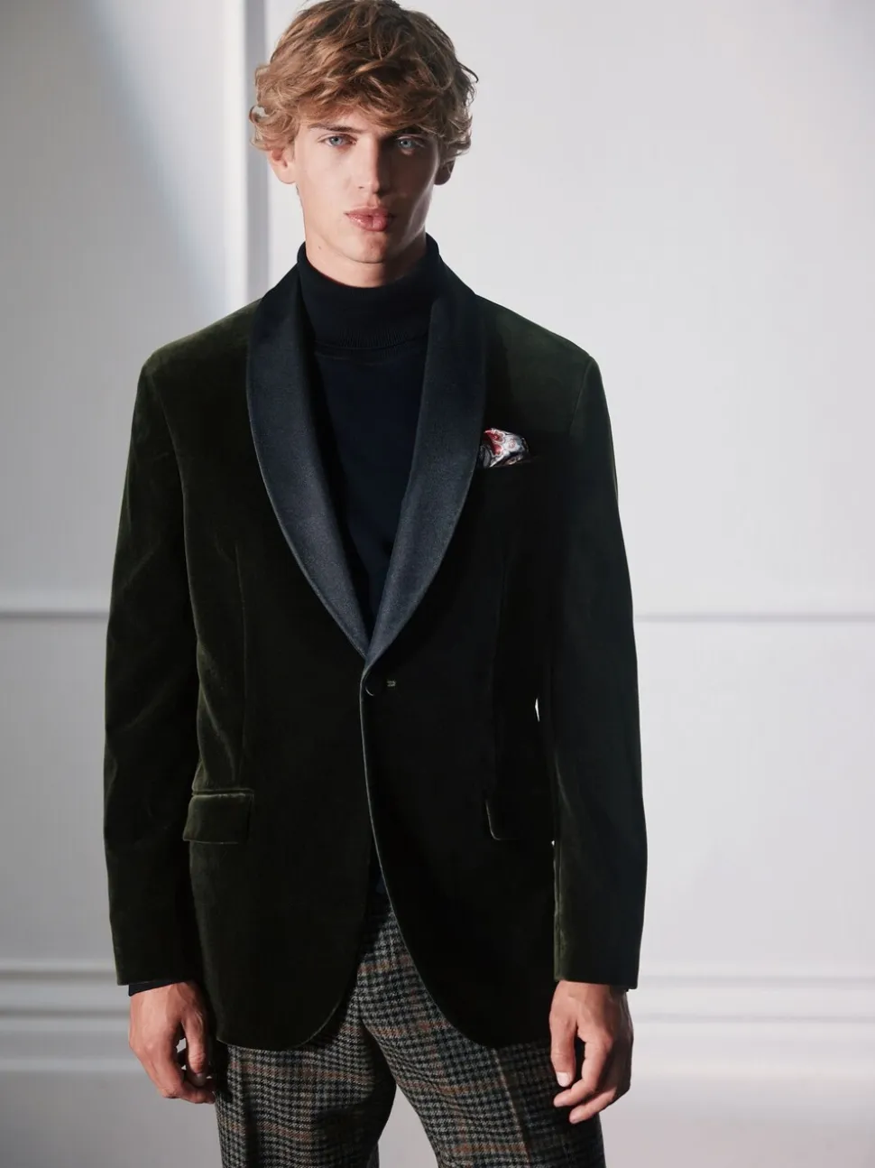 Groen - Normale Pasvorm - Signature Pontoglio Italiaanse fluwelen blazer met sjaalkraag