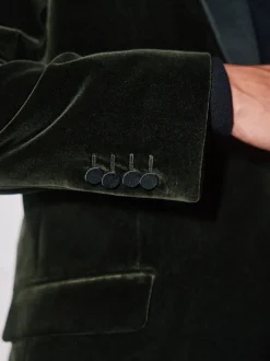 Groen - Normale Pasvorm - Signature Pontoglio Italiaanse fluwelen blazer met sjaalkraag