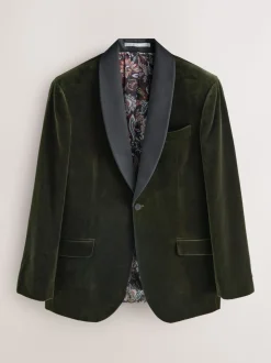 Groen - Normale Pasvorm - Signature Pontoglio Italiaanse fluwelen blazer met sjaalkraag
