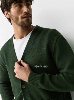 Groen - Regular Fit Embroidered Chest Motif Cardigan
