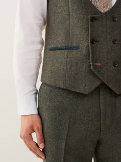 Groen - Regular Fit Nova Fides Italian Wool Blend Trimmed Check Suit Waistcoat