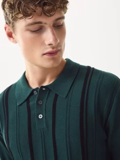 Groen - Regular-fit poloshirt met lange mouwen, streepdessin en hoog katoengehalte