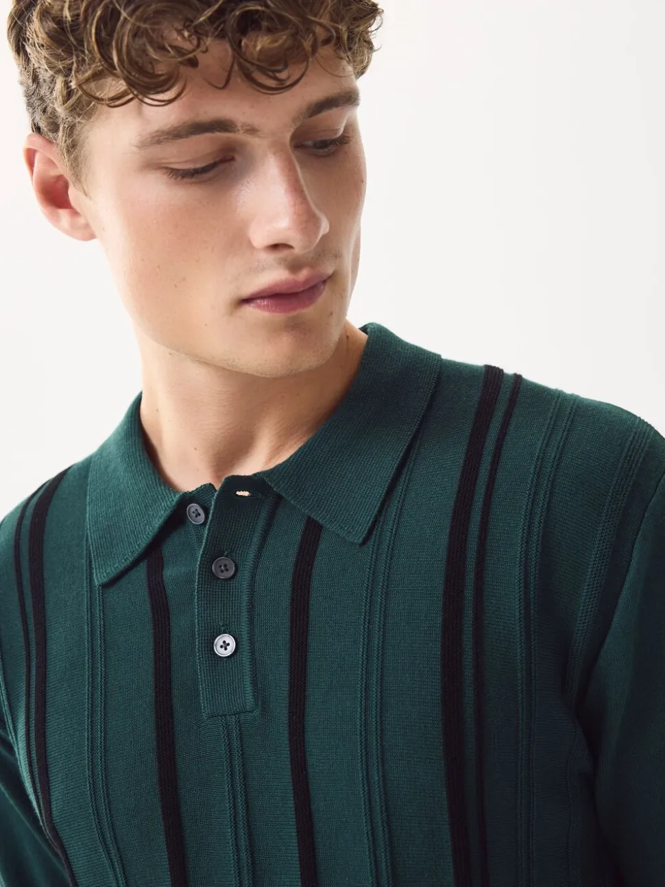 Groen - Regular-fit poloshirt met lange mouwen, streepdessin en hoog katoengehalte