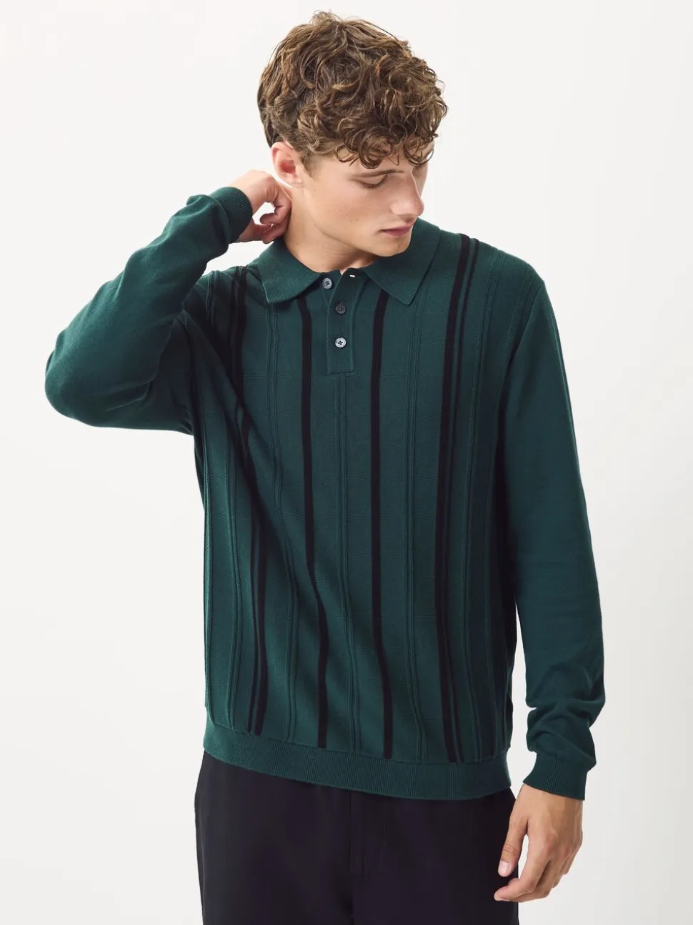Groen - Regular-fit poloshirt met lange mouwen, streepdessin en hoog katoengehalte