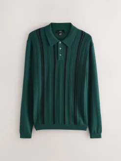 Groen - Regular-fit poloshirt met lange mouwen, streepdessin en hoog katoengehalte